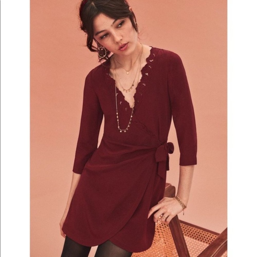 Sezane Olympe wrap dress 100% silk in Bordeaux